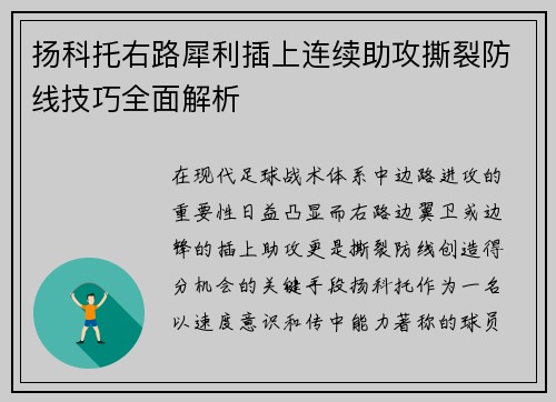 扬科托右路犀利插上连续助攻撕裂防线技巧全面解析
